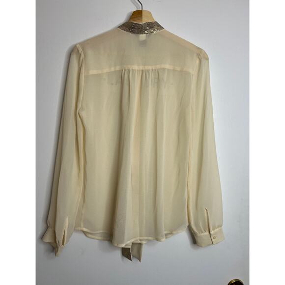 MODA INTERNATIONAL GORGEOUS SEQUINS TIE NECK WORK PARTY IVORY CHIFFON TOP SMALL - Picture 6 of 8